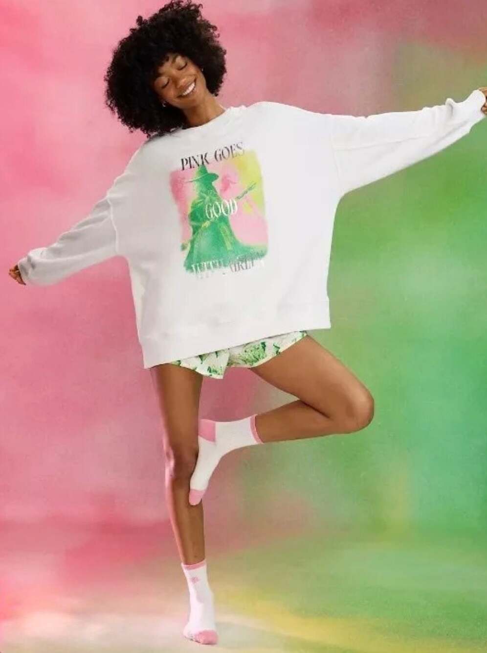 Aerie x Wicked Big Chill Crew Sweatshirt Pink Goes Good With Green